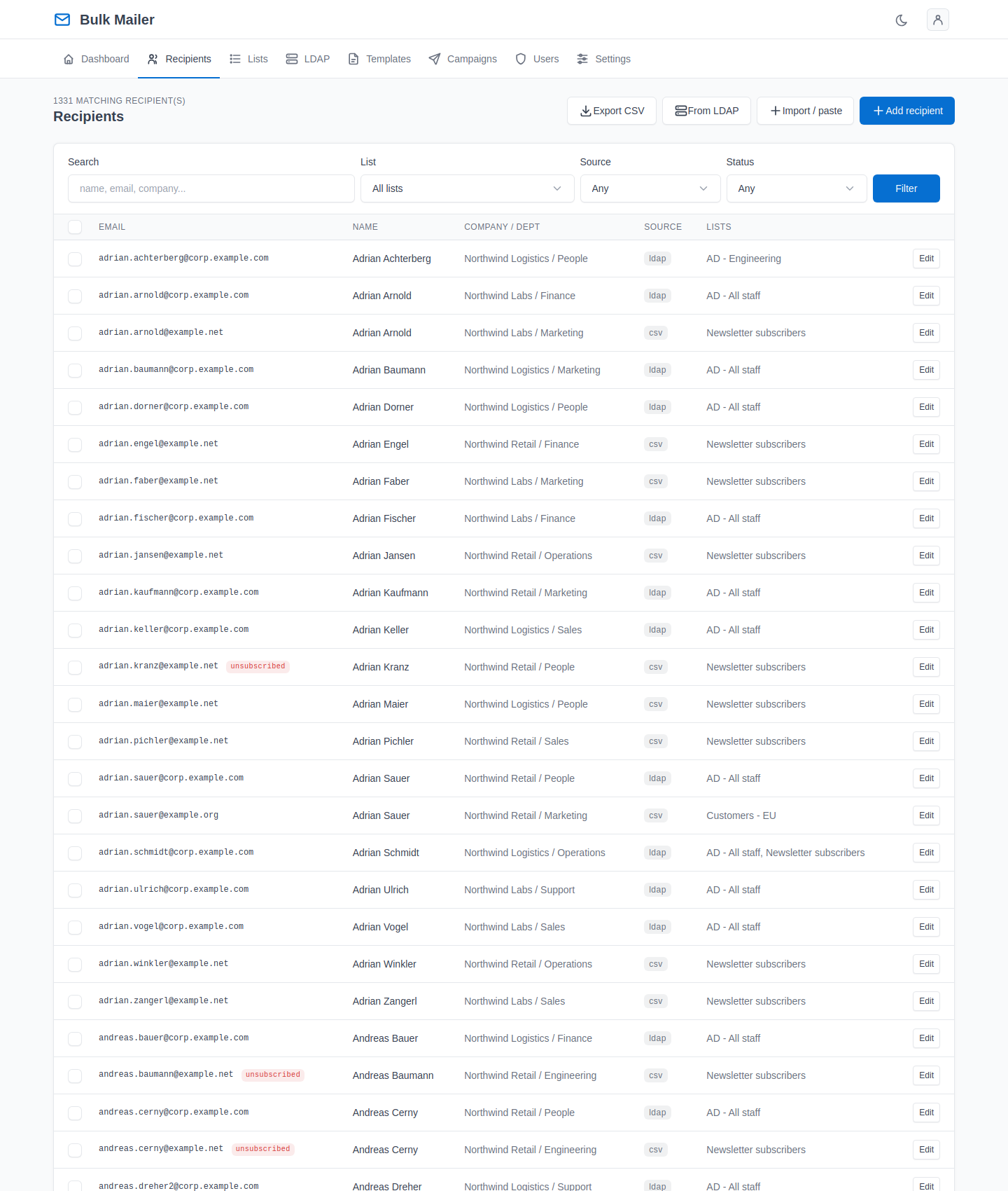 The recipients table with search and bulk actions
