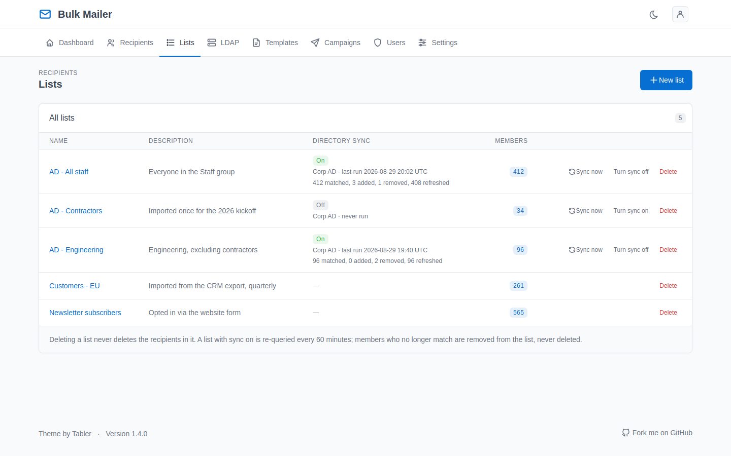 The lists page, showing directory sync state per list