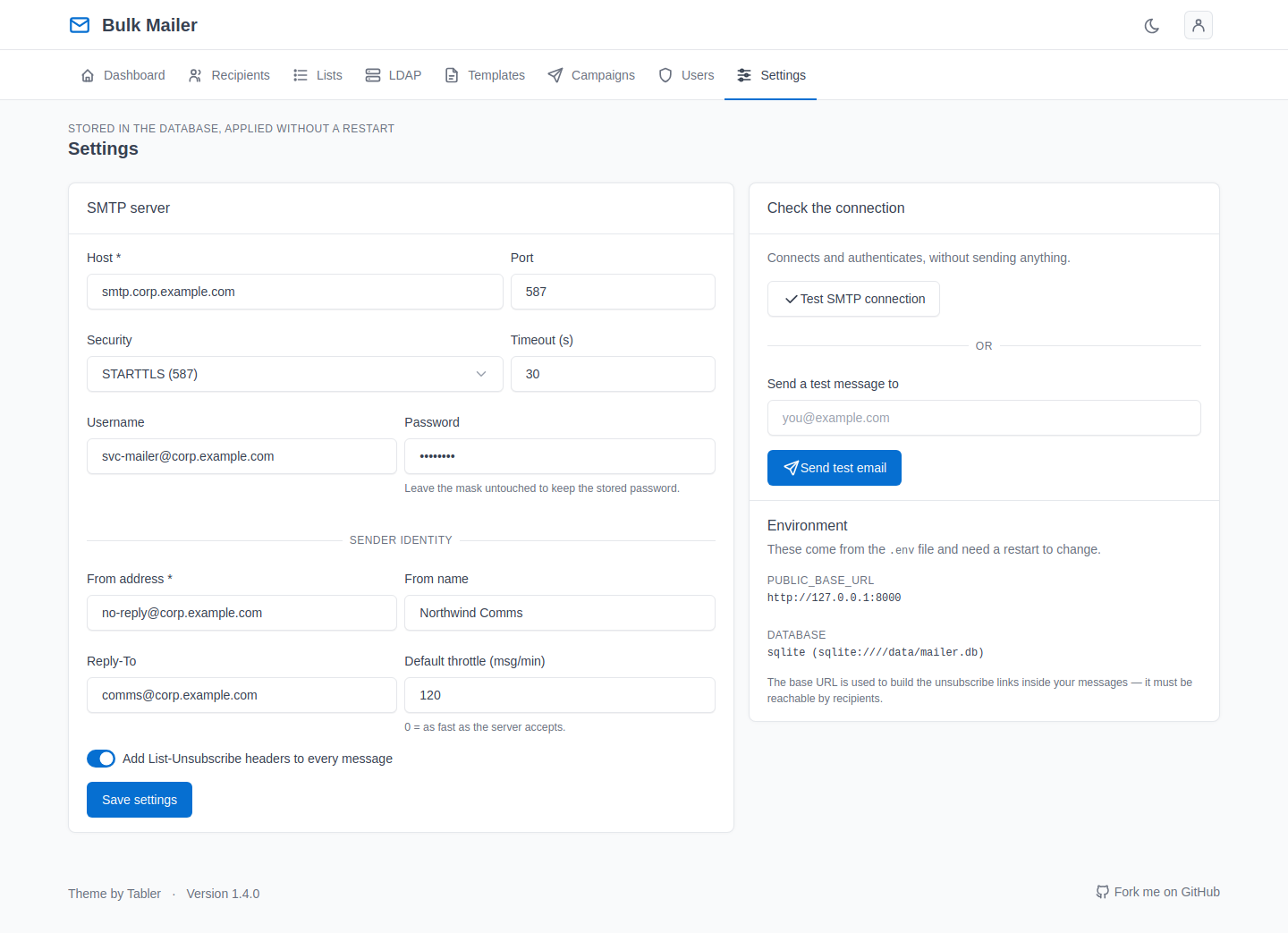 SMTP settings with a connection test