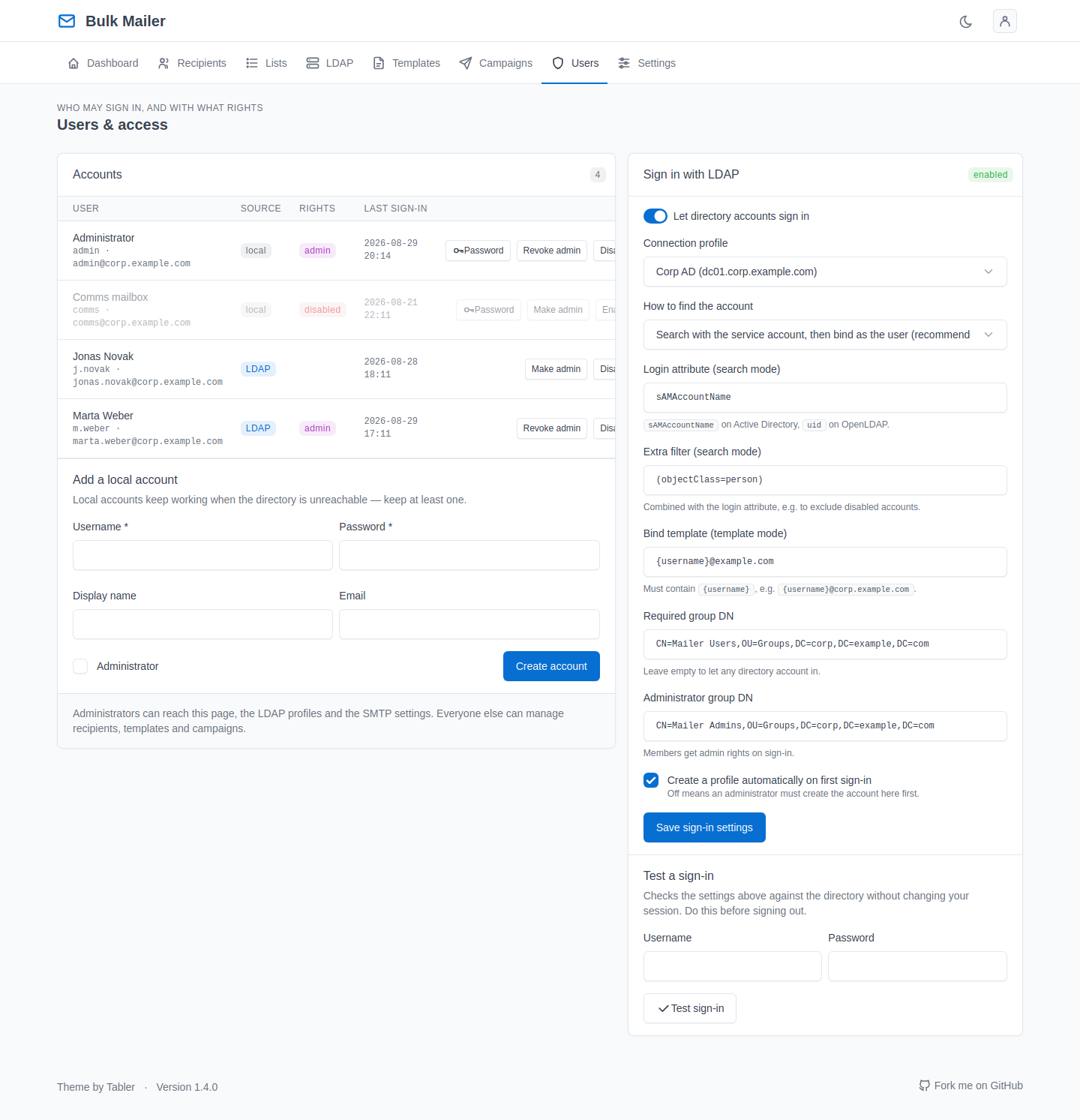 User administration and directory sign-in settings