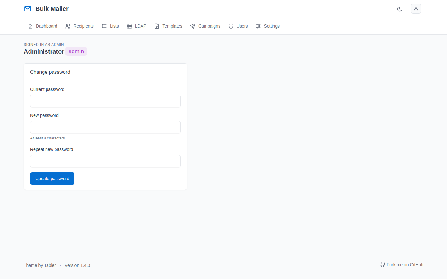 The account page for changing your own password